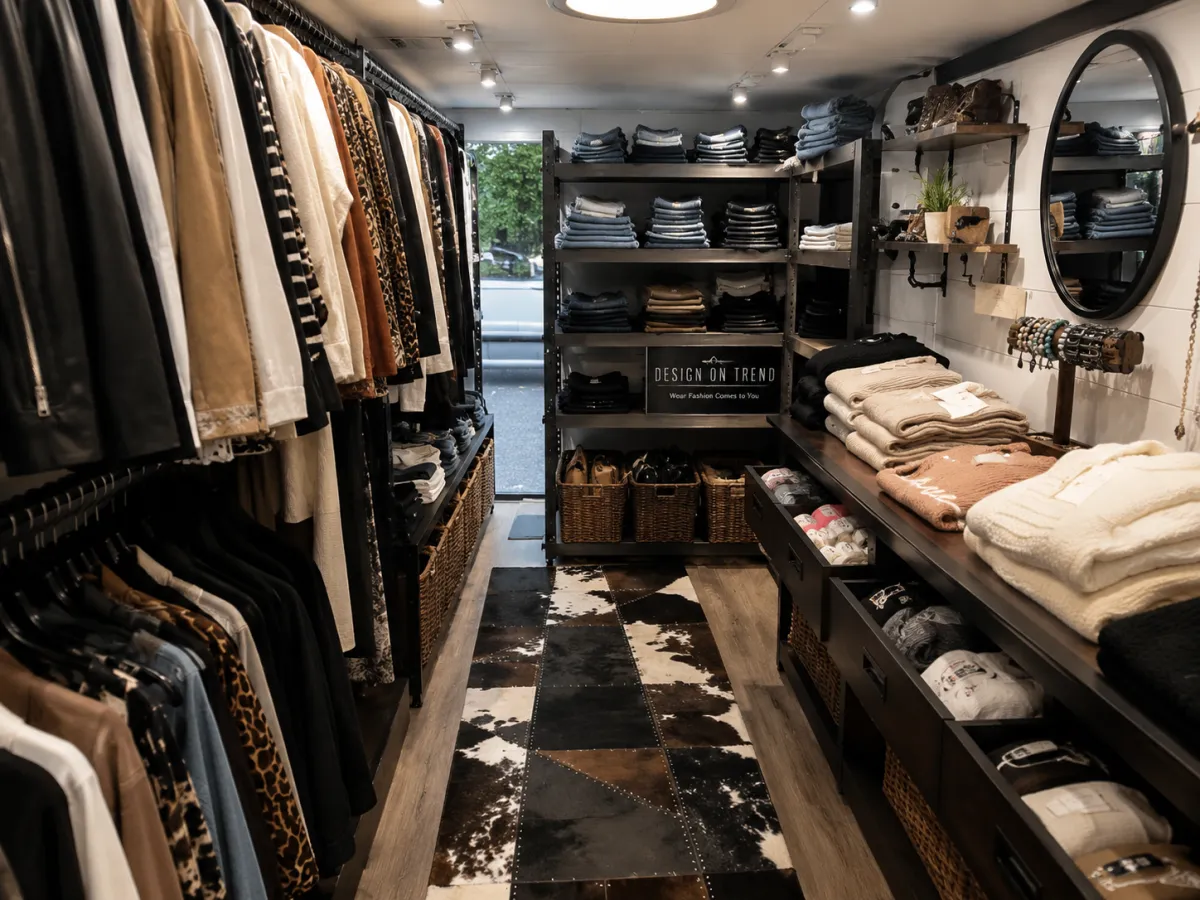 A candid moment inside the Design On Trend mobile boutique during a private styling experience.