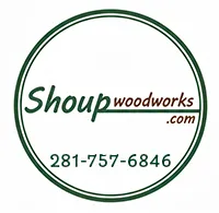 Shoup Woodworks custom woodworking logo featuring a circular frame with the company name, website shoupwoodworks.com, and phone number 281-757-6846