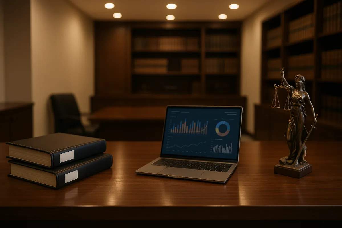 Modern law office desk with laptop and legal files, representing managed IT services and cybersecurity for Rockland County law firms.
