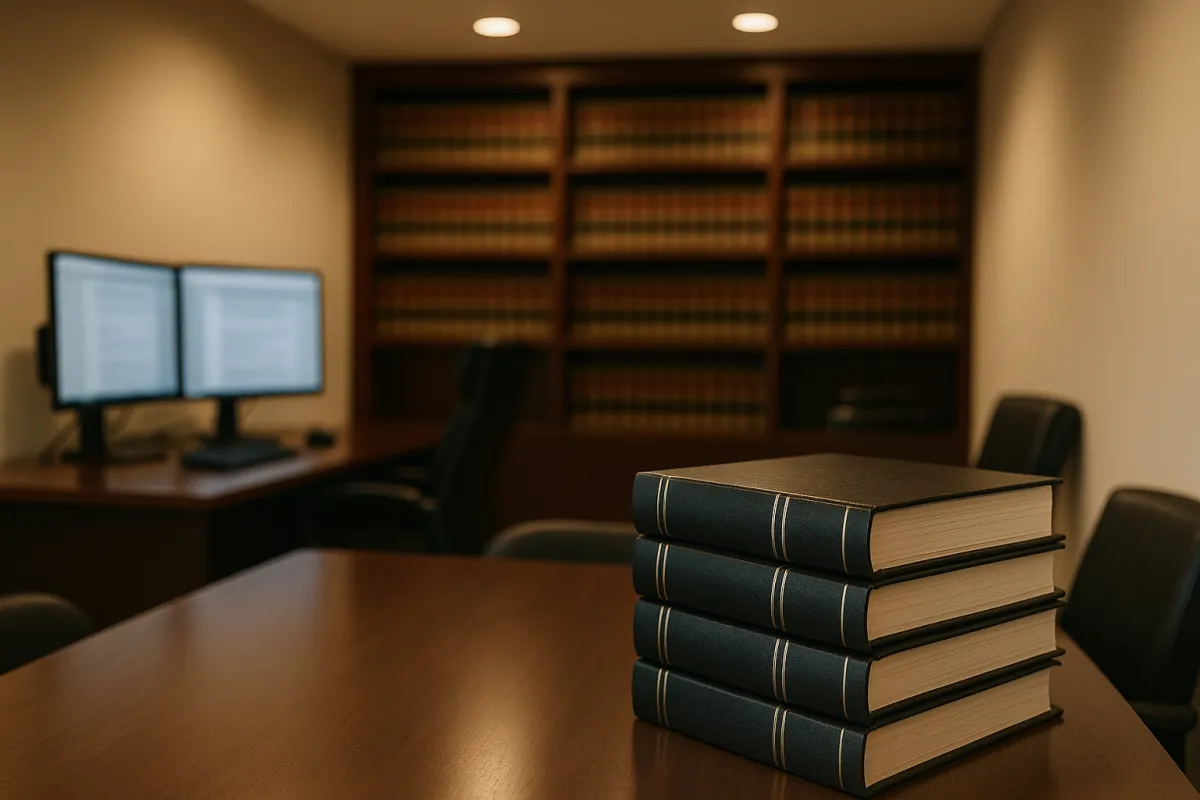 Modern Westchester County law firm office with dual-monitor workstation and legal documents, representing secure managed IT services for attorneys.