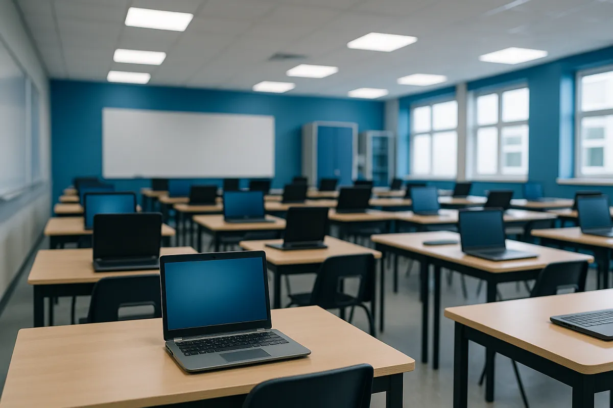 Modern school computer lab with rows of laptops representing managed IT services for Westchester County NY schools.