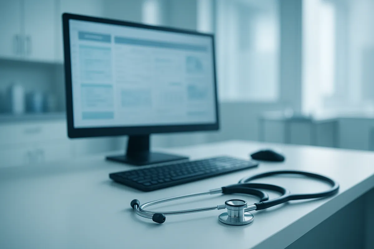 Modern medical office workstation with clinical dashboard on monitor, representing HIPAA-compliant IT support for Bergen County NJ medical practices.