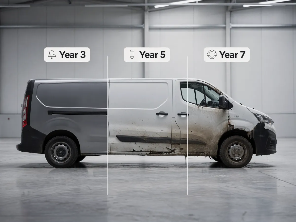 Three-stage visual of a commercial vehicle wrap showing progression from new vibrant vinyl at year 3, slight fading and minor wear at year 5, to visible aging, peeling, and discoloration at year 7, demonstrating wrap lifespan and durability.
