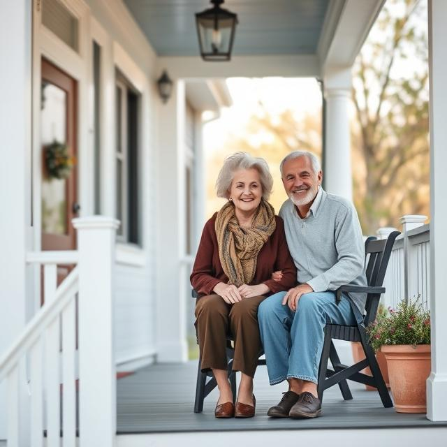 Elderly home owners sitting on their porch about to sell their house