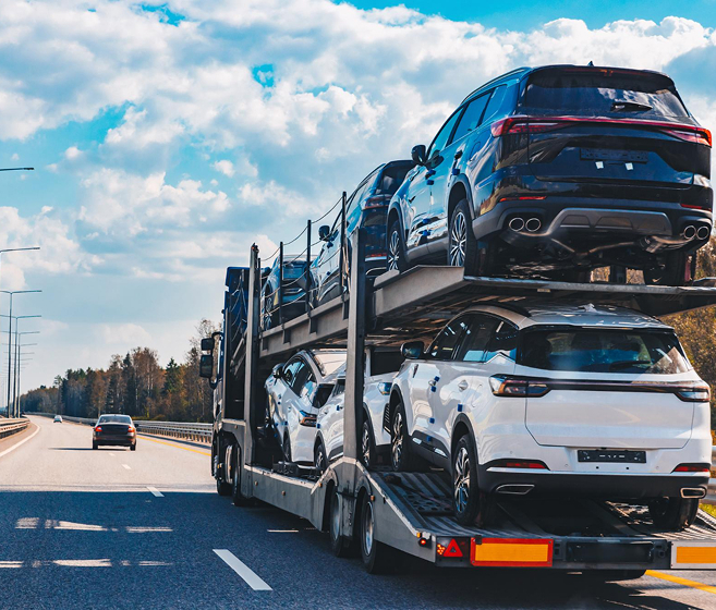 Car transport carrier loaded with SUVs driving on an open highway under blue skies