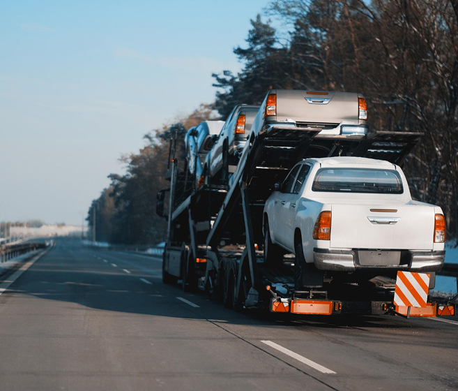 Open car carrier transporting multiple vehicles on a highway in winter conditions