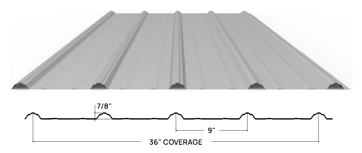 Blueprint and dimensions of a Tuff-Rib Residential Metal Roofing Panel.