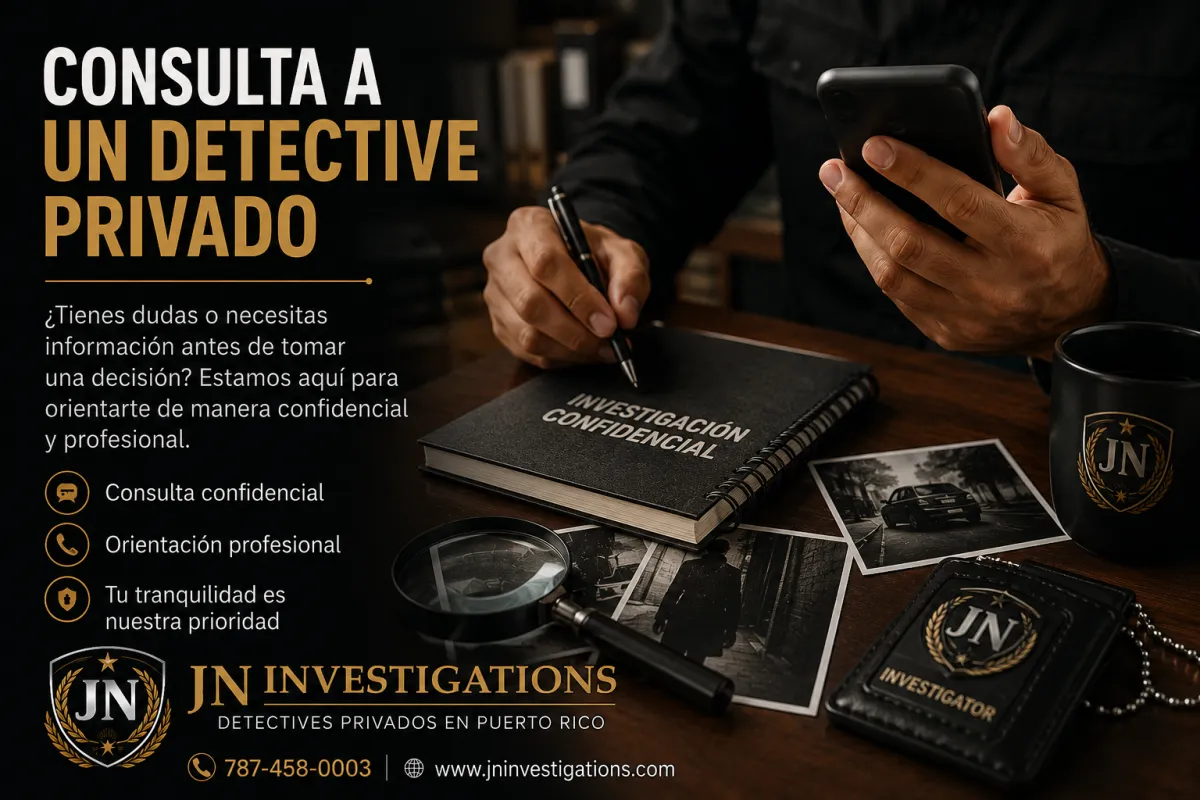 Persona consulta por teléfono mientras toma notas en una oficina, con libreta de investigación confidencial, lupa, fotografías y credencial de JN Investigations sobre el escritorio.