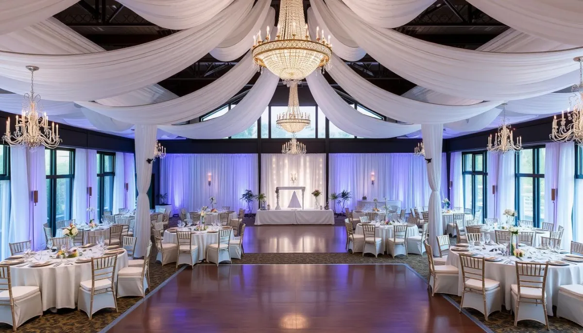 Elegant reception hall in Laval with crystal chandeliers and white decor