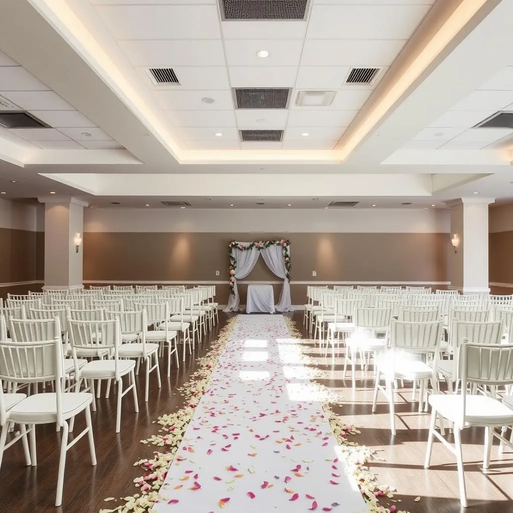 Spacious reception hall in Laval set up for a wedding ceremony