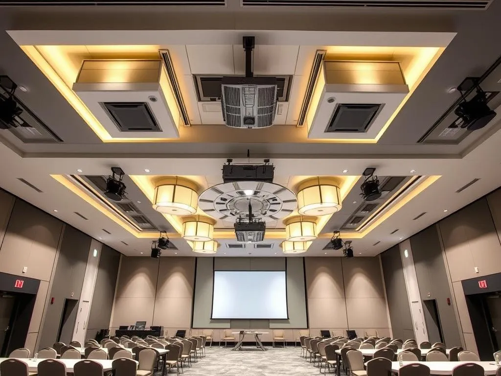 Modern reception hall in Laval with audiovisual equipment and elegant lighting