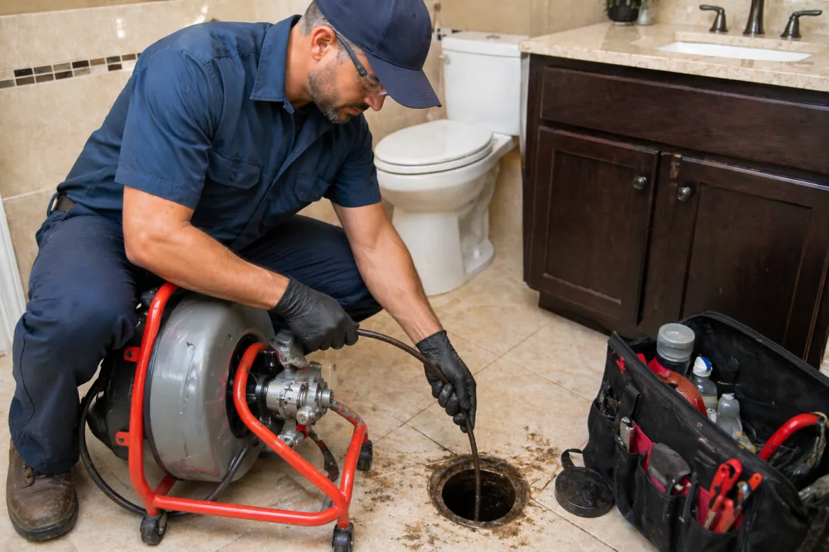 Drain cleaning plumber fixing clogged kitchen sink drain pipes