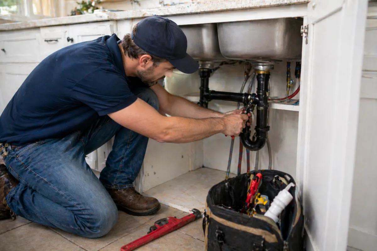 plumber performing drain cleaning and repairing clogged kitchen sink drain pipes.
