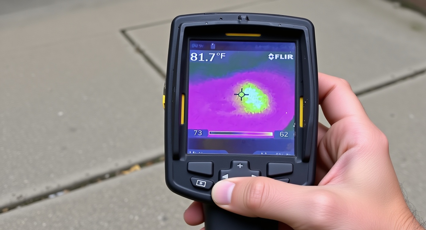 Plumber using thermal imaging camera to detect underground water leak in California driveway
