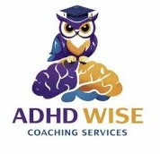 Logo image of an Owl perched on top of a brain, with ADHD Wise Coaching Services underneath. 