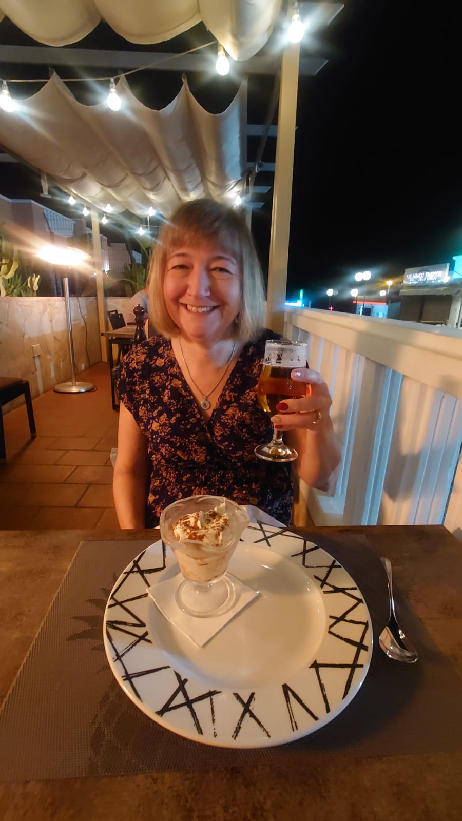 Jo, enjoying a meal in a restaurant in Tenerife.