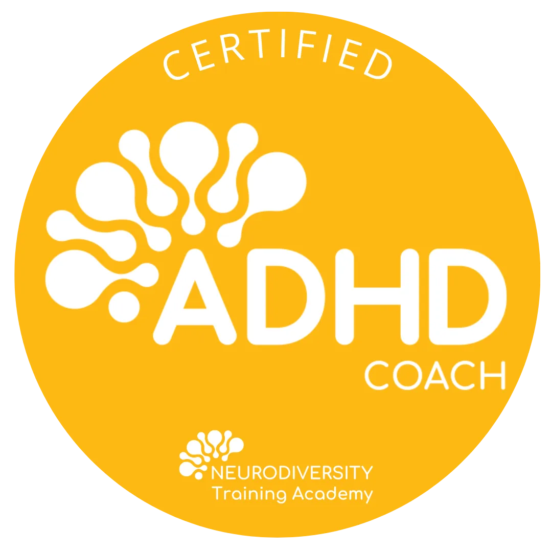 Circular digital Certified ADHD Coach Accreditation badge with gold background with white brain image and writing.