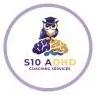 The image is a logo for S10 ADHD Coaching Services. An owl, in purple, white, teal and gold wearing a mortar board hat is perched on top of a purple, teal and gold brain. Signifying wisdom and knowledge.