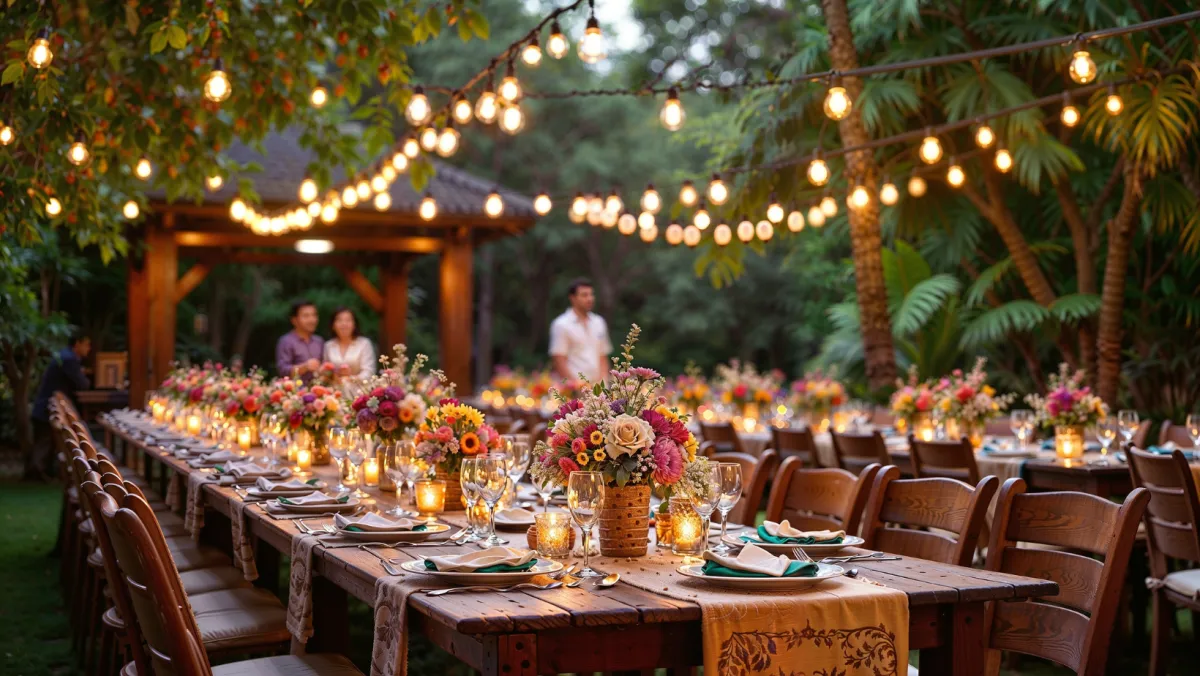 A beautiful night event with lights and tables.