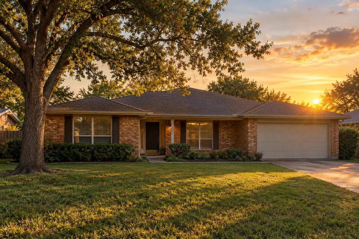 Illustrative brick ranch home at golden hour