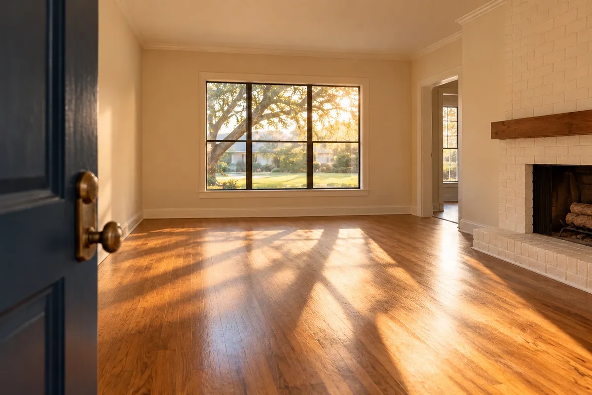 Illustrative sunlit single-family home interior
