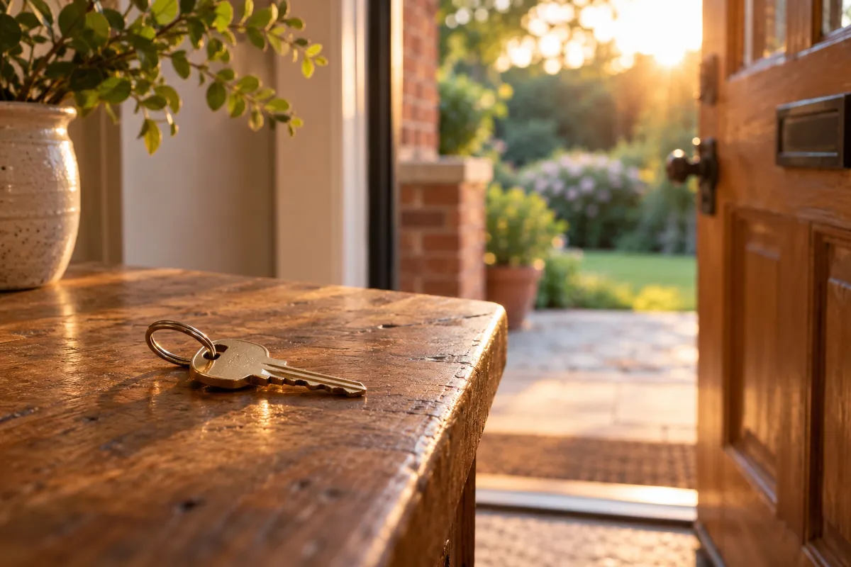 House keys beside an open front door