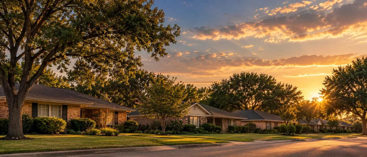 Illustrative neighborhood in golden-hour light