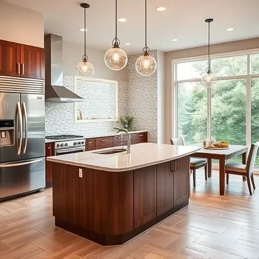 Modern Finneytown kitchen remodel featuring stainless steel appliances, granite island, and walnut cabinetry with dining area.
