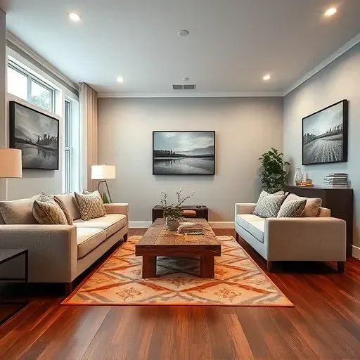 Modern living room remodel in Middletown, OH featuring elegant furniture, warm lighting, and local art. Cozy yet upscale.