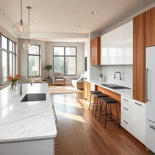 Modern kitchen remodel in Forest Park OH with minimalist cabinetry, polished granite counters, and elegant tile backsplash.