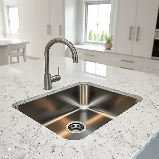 Completed stainless steel undermount sink in a modern kitchen with granite countertops, sleek cabinetry, and natural lighting