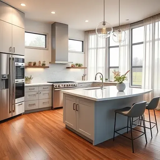 Renovated kitchen in West Chester Township, featuring modern cabinetry, quartz countertops, large island, and natural lighting.