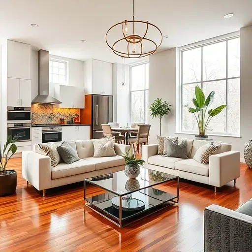 Modern living area in Forest Park OH with hardwood floors, minimalist kitchen, large windows, and elegant decor.