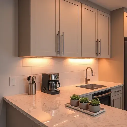 Modern kitchen in West Chester Ohio with under-cabinet LED lighting illuminating sleek matte cabinetry, granite countertops, and stylish accessories