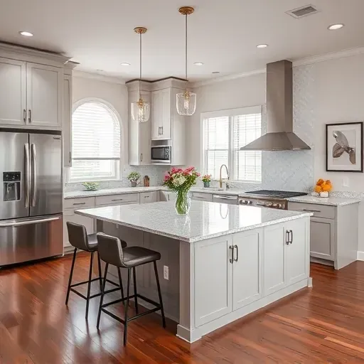 Modern kitchen remodel in Clayton, OH with granite countertops, gray cabinetry, large island, and natural lighting.