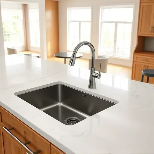 Modern kitchen featuring a stainless steel farmhouse sink, granite countertop, white subway tile backsplash, polished chrome fixtures, and warm wooden cabinetry