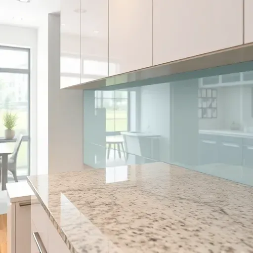 Reflective glass backsplash in modern West Chester Ohio kitchen with sleek cabinets and granite countertops