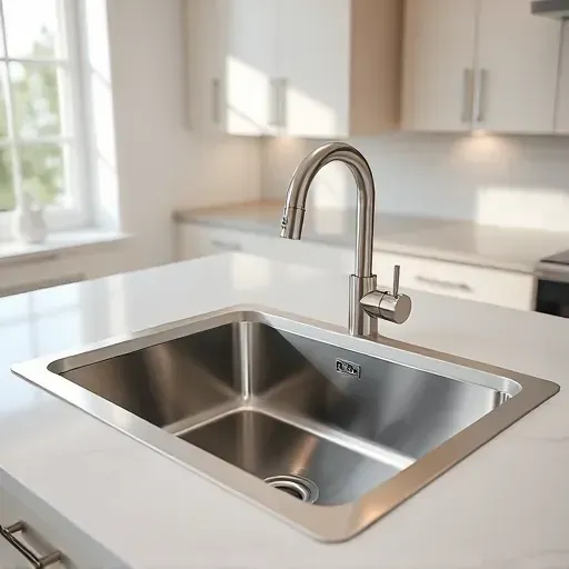 Modern stainless steel kitchen sink with quartz countertop, neutral backsplash, upscale cabinetry, and natural lighting in West Chester Ohio