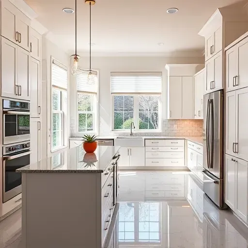 Modern kitchen remodel in Clayton OH with white cabinetry, granite island, stainless appliances, and marble flooring.