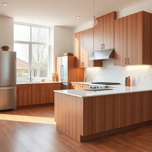 Renovated modern kitchen in West Chester Township Ohio with handleless matte wood cabinets quartz countertops and natural light