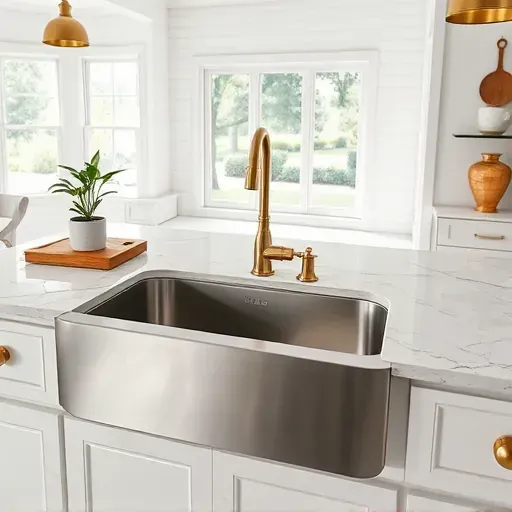 Newly installed stainless steel farmhouse sink in a modern West Chester Ohio kitchen with brass fixtures and natural light