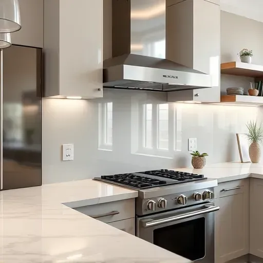 Freshly installed glass backsplash in a modern West Chester Township kitchen reflecting natural light and elegant design