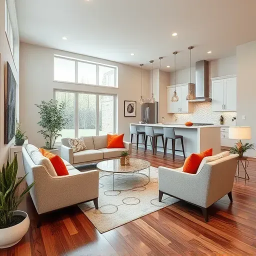 Stunning remodeled living room in Maineville, OH featuring modern decor, inviting colors, and elegant kitchen.