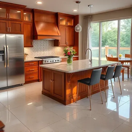 Modern kitchen remodel in South Lebanon OH with granite countertops, stainless steel appliances, and warm wood cabinetry.