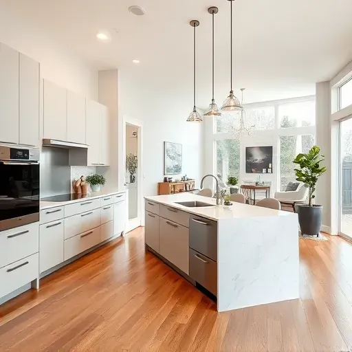 Spacious modern kitchen remodel in West Chester Township with elegant quartz countertops, stainless backsplash, and hardwood floors.