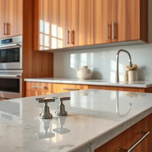 Modern kitchen with stainless steel cabinet handles, wooden cabinets, granite countertop, natural light, and contemporary appliances