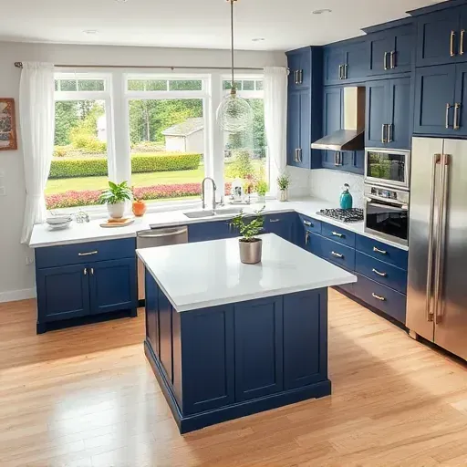 Contemporary Maineville kitchen with navy cabinetry, gold hardware, quartz island, and a view of a landscaped backyard.