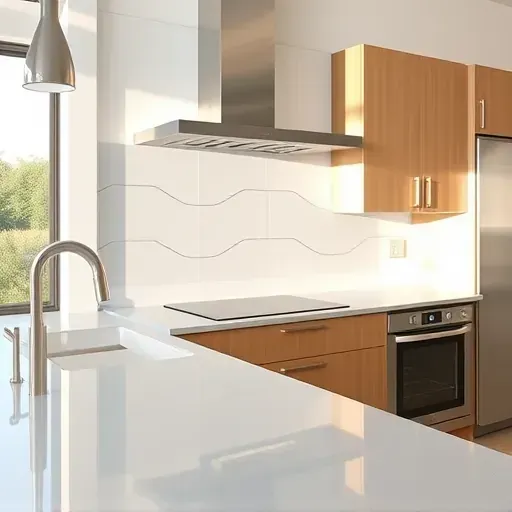 Modern West Chester kitchen with glossy glass backsplash, stainless steel appliances, quartz countertops, warm wood cabinets, and natural sunlight.