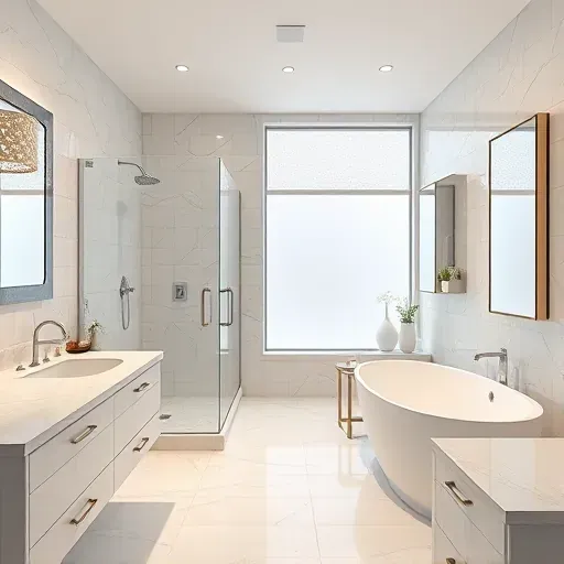 Modern renovated bathroom in West Chester Ohio with walk-in shower, freestanding tub, marble counters, chrome accents and natural light