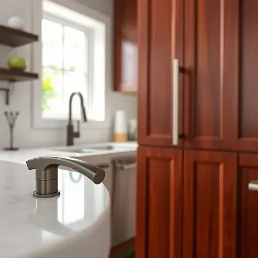 Close-up of modern kitchen cabinets with polished handles and knobs in brushed nickel, matte black, and bronze on dark cherry wood.